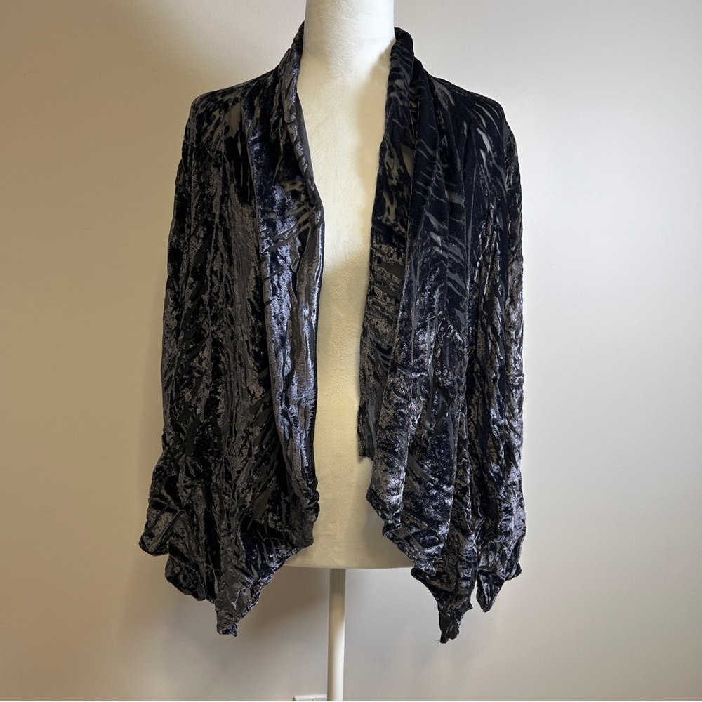 Ecote Velvet Burnout Black Purple women’s Cardigan Lrg Draped Open Front Zebra